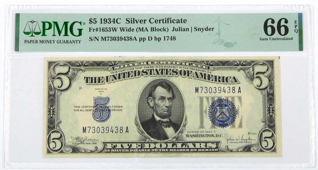 1934C $5 Silver Certificate ~ Fr#1653W Wide (MA Block) ~ Julian|Snyder ~ PMG 66 Gem Uncirculated (1 of 2)
