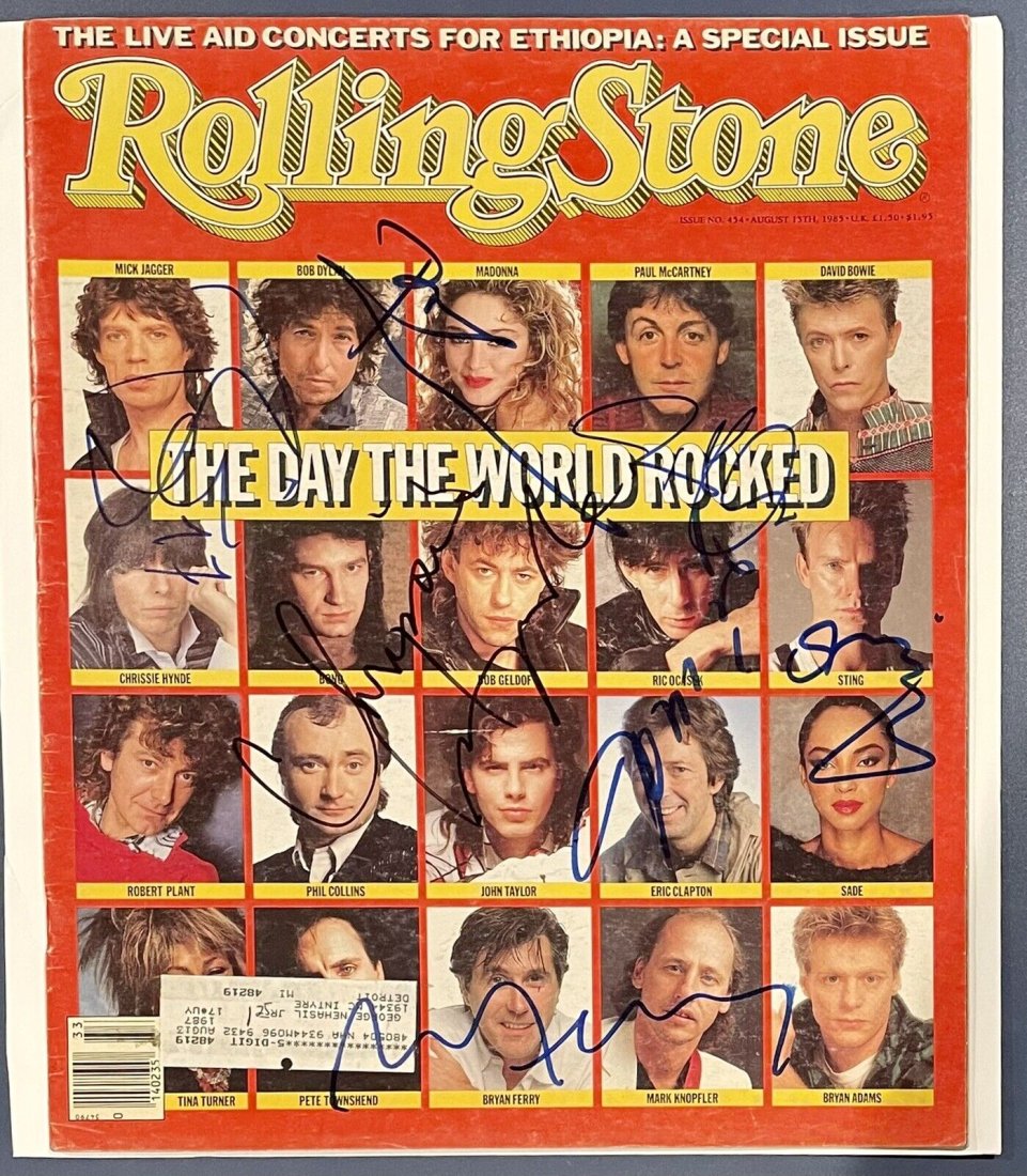 Music Greats Multi Signed 1985 Rolling Stones Magazine With 7 Signatures (Beckett LOA): Music Greats Multi Signed 1985 Rolling Stones Magazine With 7 Signatures Including David Bowie, Robert Plant, Pete Townshend, Sting, John Taylor, Chrissie Hynde, Bryan Ferry (Beckett LOA)