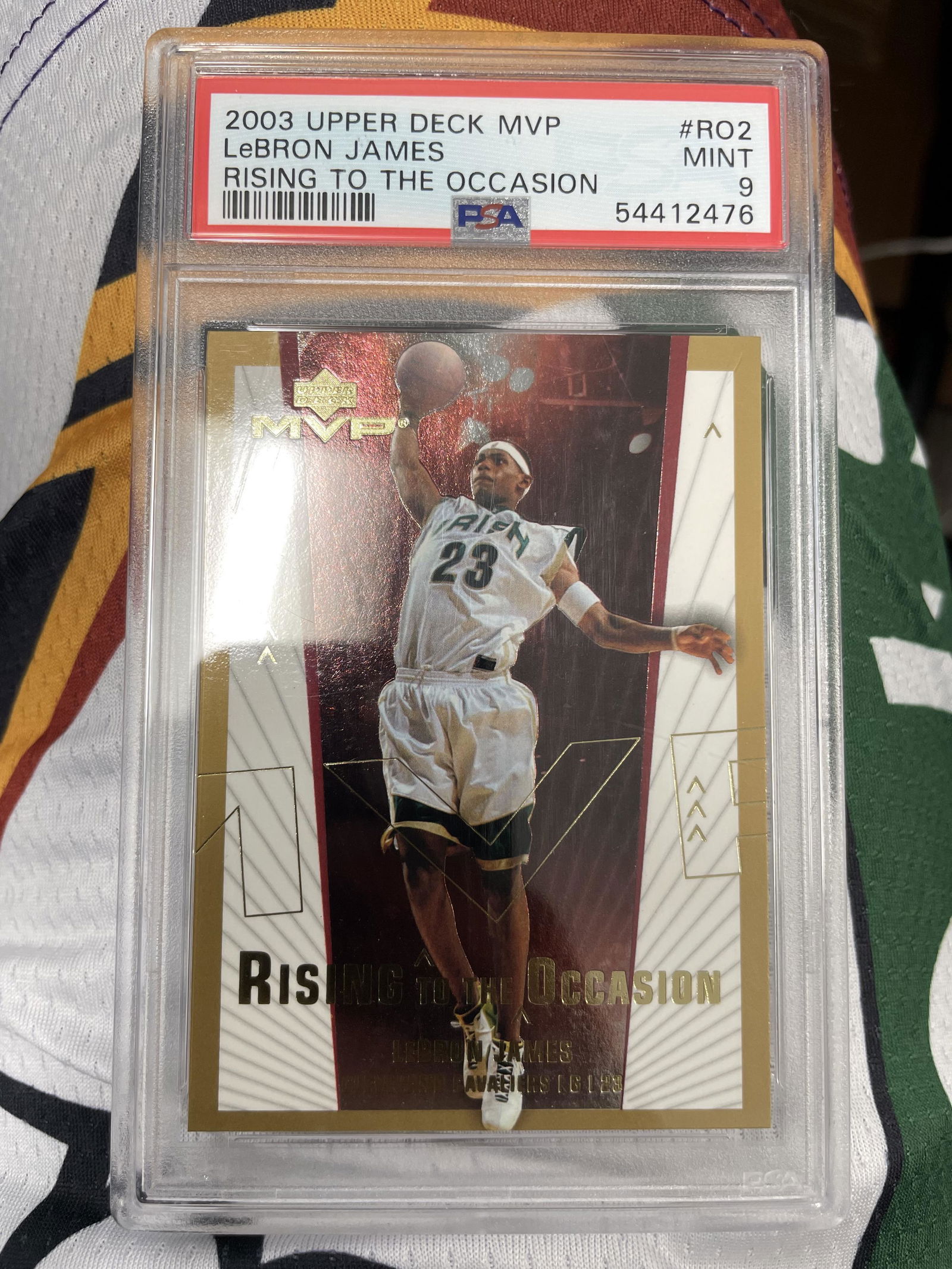 2003-04 LeBron James Game Worn Jersey Swatch+2003 UD MVP Rising To The Occasion (1 of 1)