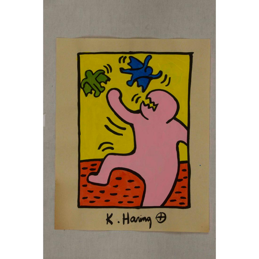 RARE Keith Haring Authentic Drawing on Vintage Paper SIGNED and Stamped by Haring Estate *Pink (1 of 2)