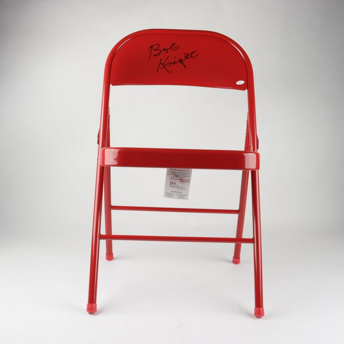 Bobby Knight Signed Red Metal Folding Chair (JSA COA): Bobby Knight Signed Red Metal Folding Chair (JSA COA)