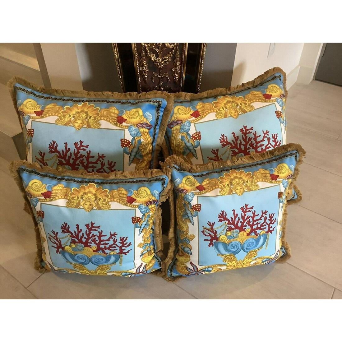 Set Of 3 Custom Made Velvet Versace Pillow Sea Shells Print Blue Gold 18â€18â€ (1 of 1)