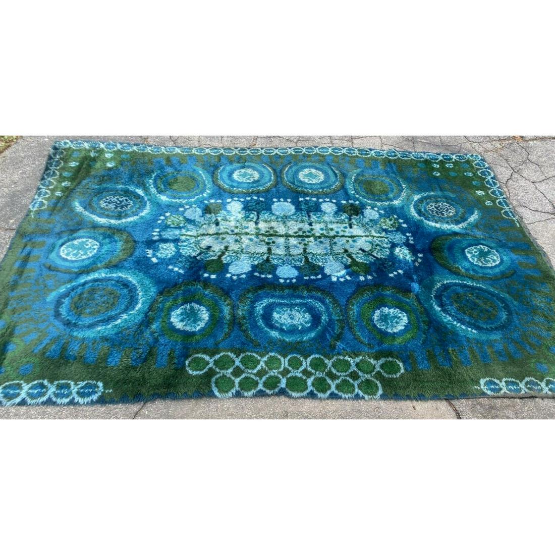 Blue Green Rya Taepper Orig Tag Shag Rug Mid Century 1960s Danish 9' X6' Carpet (1 of 2)