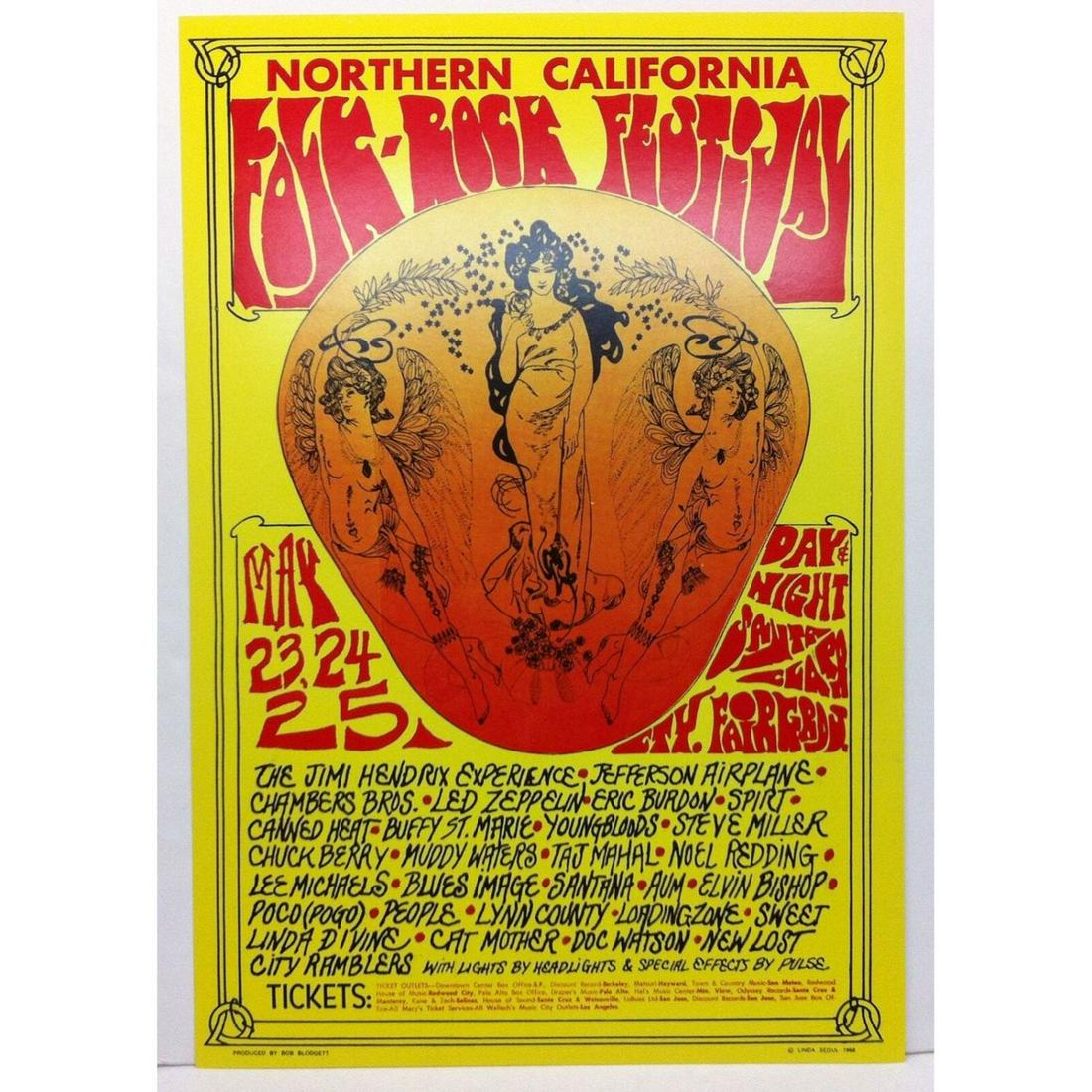 JIMI HENDRIX Northern California Folk-Rock Festival Concert Poster LED ZEPPELIN 1ST PRINT: JIMI HENDRIX Northern California Folk-Rock Festival Concert Poster LED ZEPPELIN