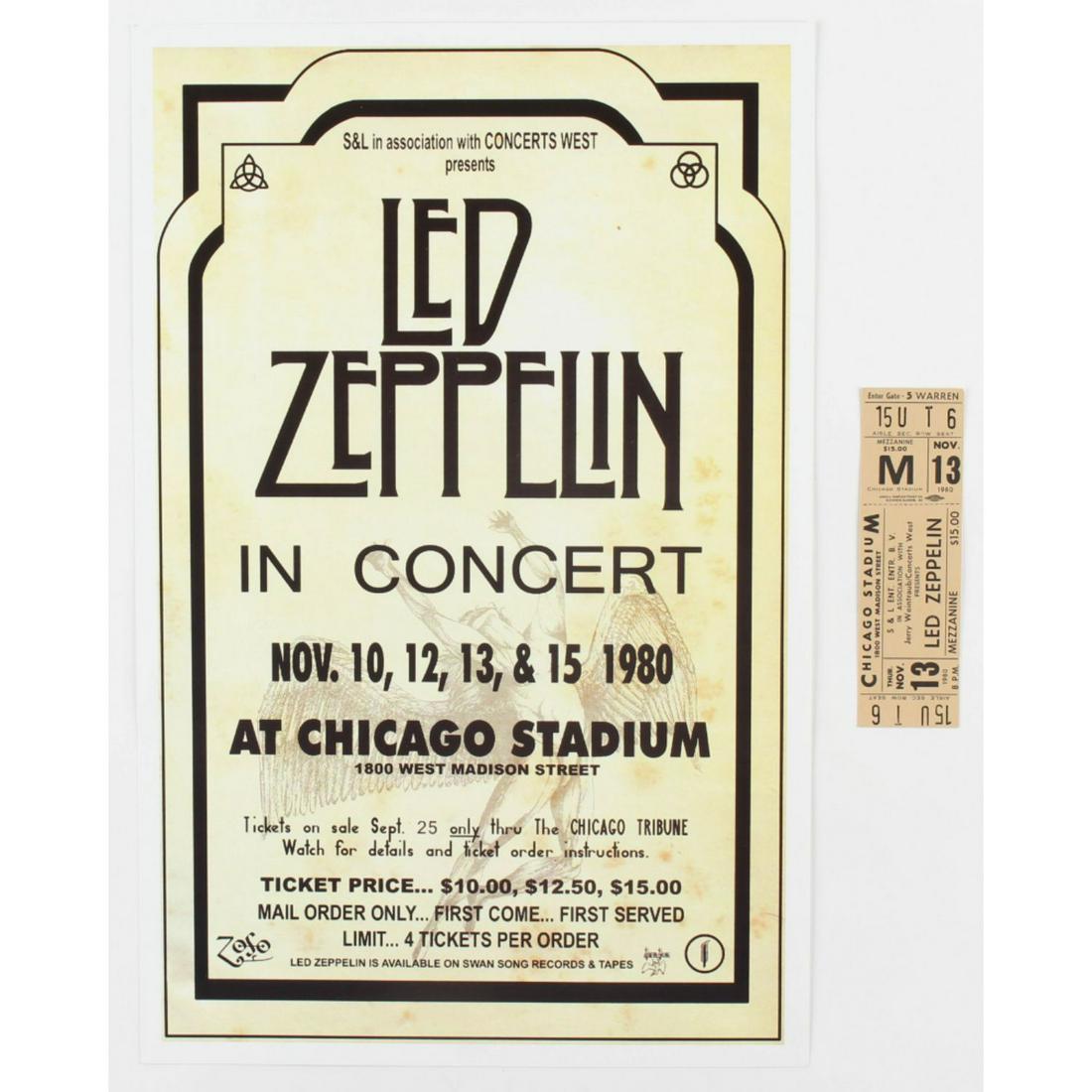 Set of (2) Led Zeppelin Concert Items with (1) Concert Ticket & (1) 11x17 Concert Poster Print (1 of 2)