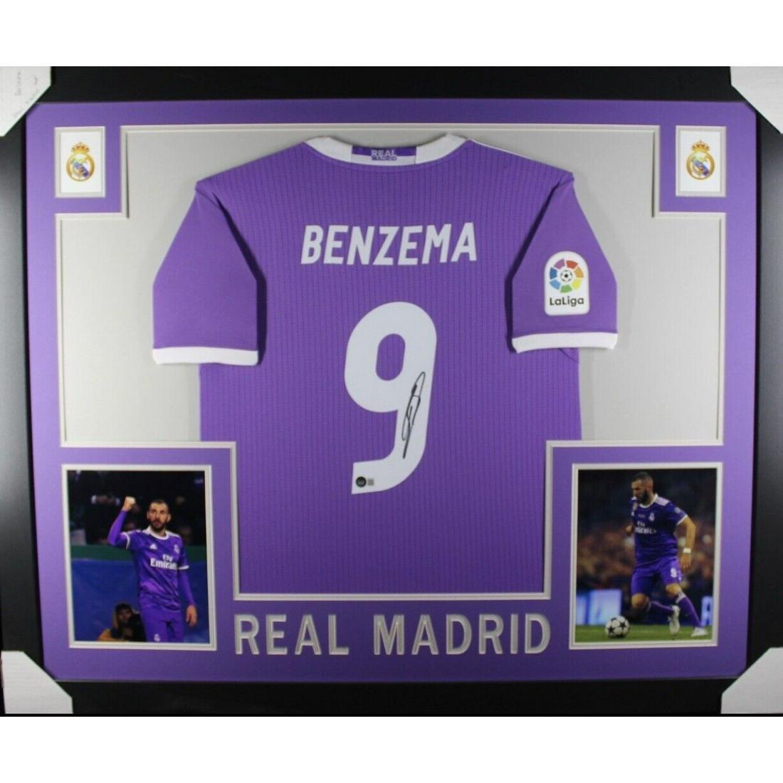 Karim Benzema Signed & Custom Framed Real Madrid Jersey Display (Beckett COA): Karim Benzema Signed & Custom Framed Real Madrid Jersey Display (Beckett COA)
