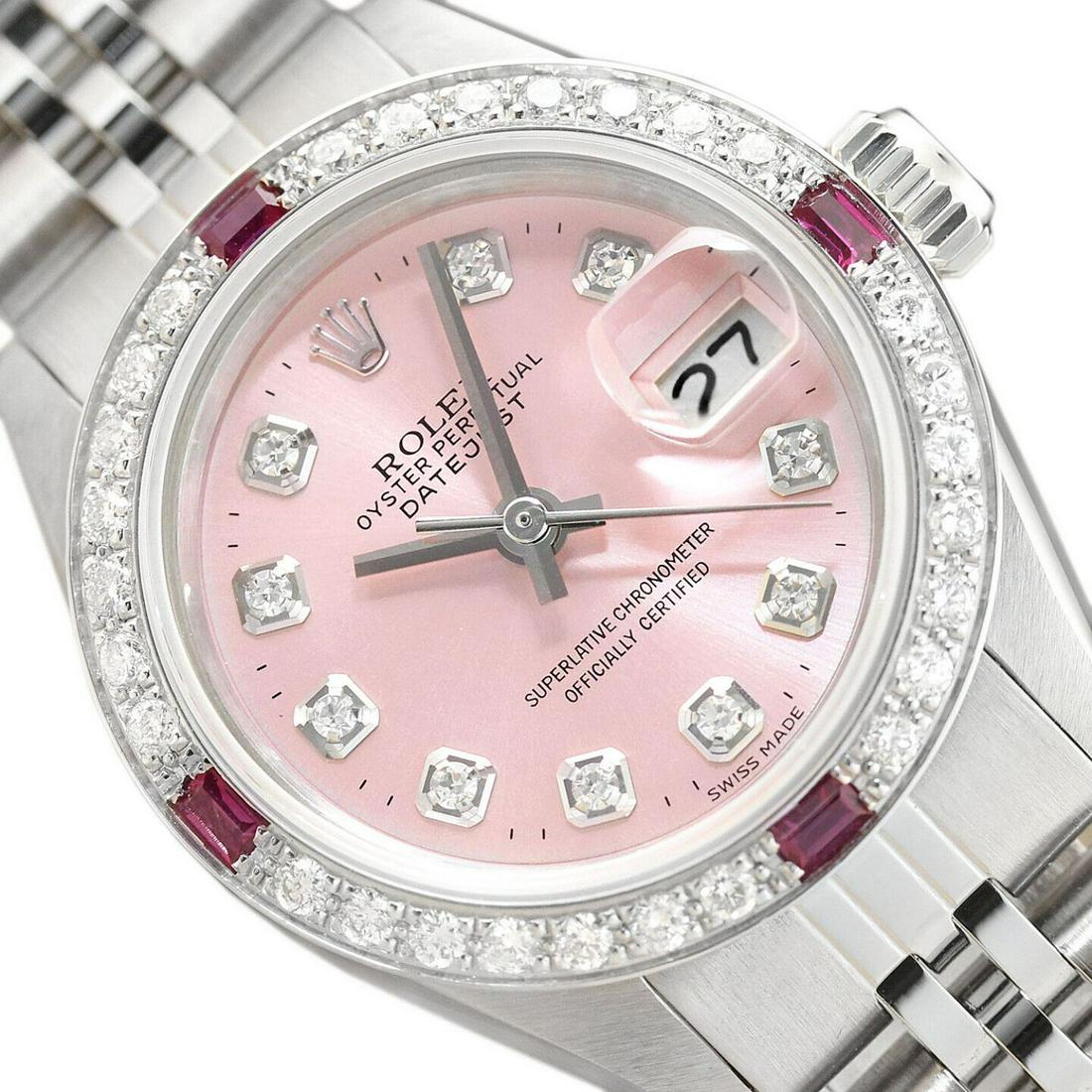 Womens 18k White Gold & Stainless Steel Rolex Datejust With A Pink Diamond Dial & Ruby Bezel (1 of 8)