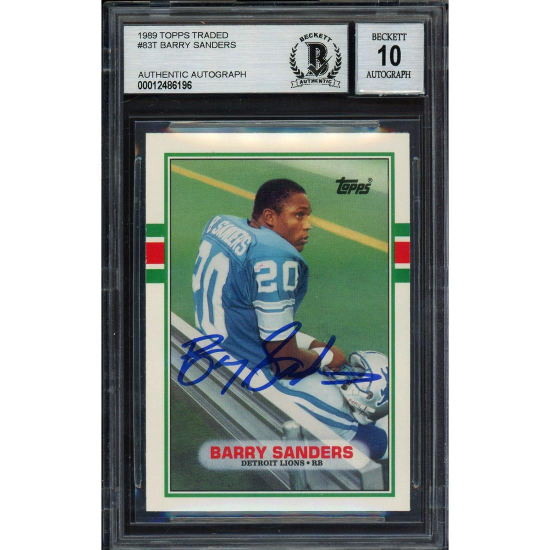 Barry Sanders Signed 1989 Topps Traded Rookie Card #83T (Beckett 10 Auto) (1 of 2)