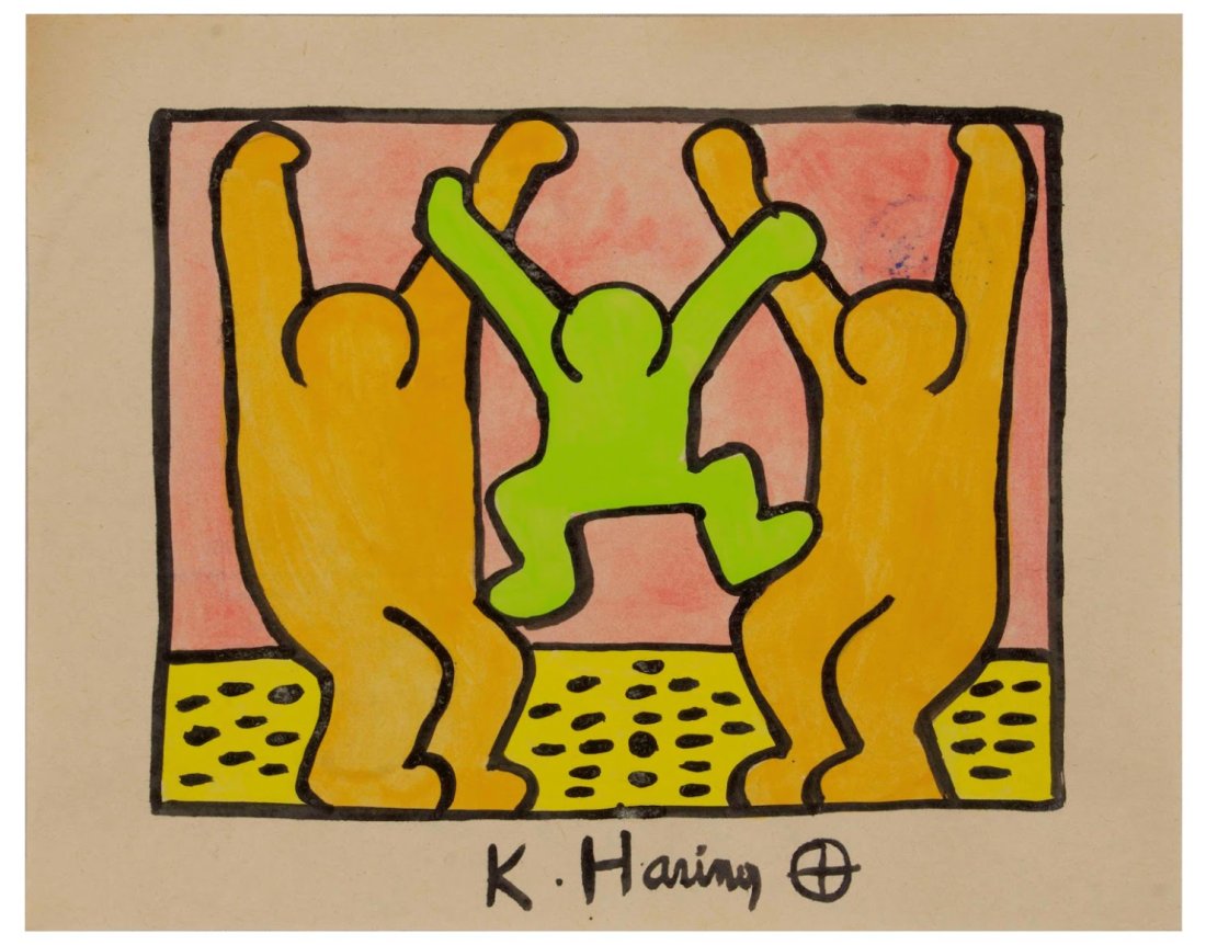 RARE Keith Haring Authentic Drawing on Vintage Paper SIGNED and Stamped by Haring Estate *Three Danc: RARE Keith Haring Authentic Drawing on Vintage Paper SIGNED and Stamped by Haring Estate *Three Dancing Like A Family*