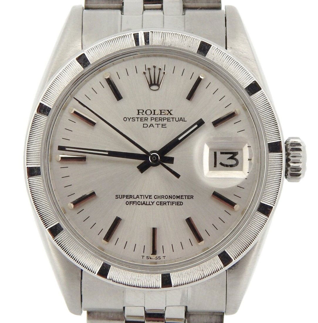 Mens Rolex Date Stainless Steel Watch Engine-Turned Index Bezel Silver Dial 1501 (1 of 2)