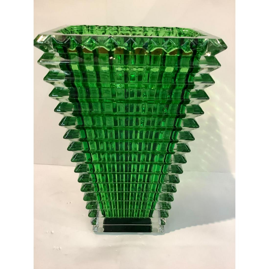 XXL CRYSTAL EYE VASE BACCARAT STYLE H10â€ HEAVY ART GLASS 9.8LB SIGNED FRANCE GREEN (1 of 3)