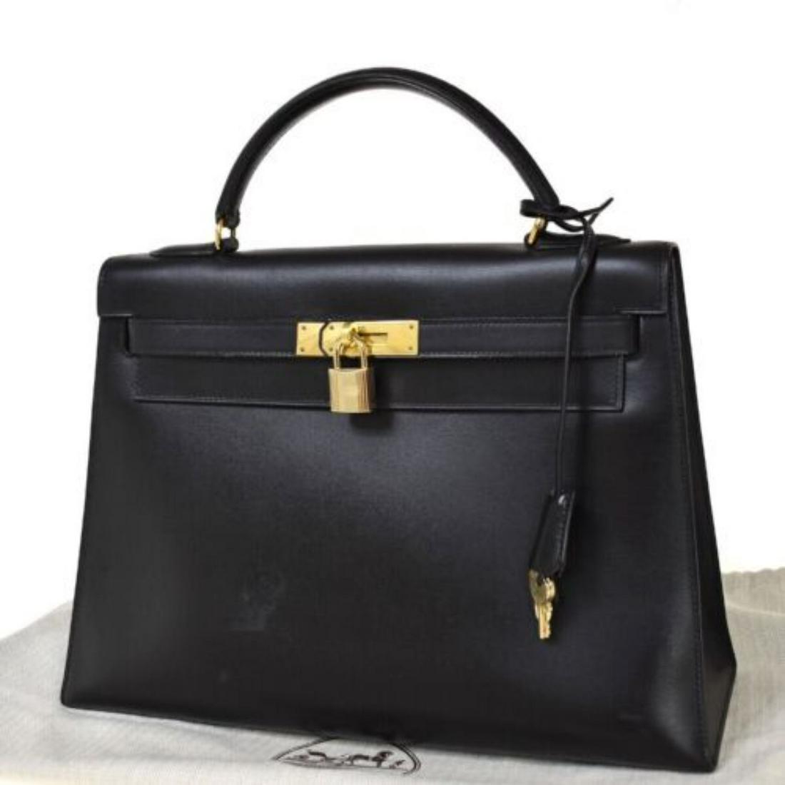 HERMES KELLY 32 HAND BAG BOX CALF LEATHER CADENA BLACK GOLD VINTAGE (1 of 5)