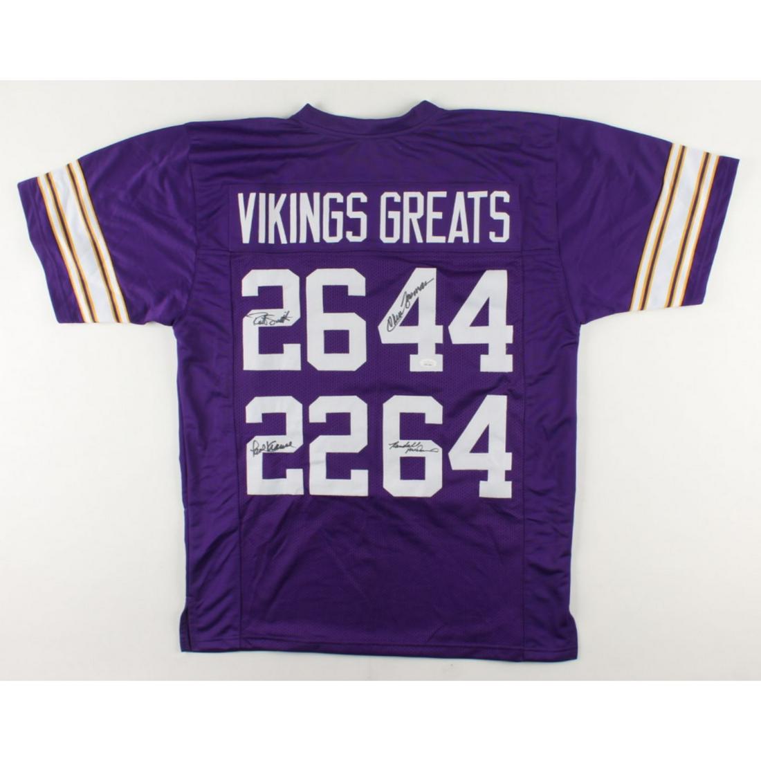 Vikings Greats Jersey Signed by (4) with Robert Smith, Paul Krause, Chuck Foreman & Randall McDaniel: Vikings Greats Jersey Signed by (4) with Robert Smith, Paul Krause, Chuck Foreman & Randall McDaniel (JSA Hologram)