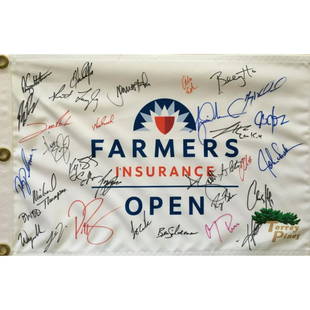 2019 Farmers Insurance Open Signed 20"x13" Golf Flag With 34 SIgnatures Including Tiger Woods, Jon: 2019 Farmers Insurance Open Signed 20"x13" Golf Flag With 34 SIgnatures Including Tiger Woods, Jon Rahm & Adam Scott (JSA LOA)