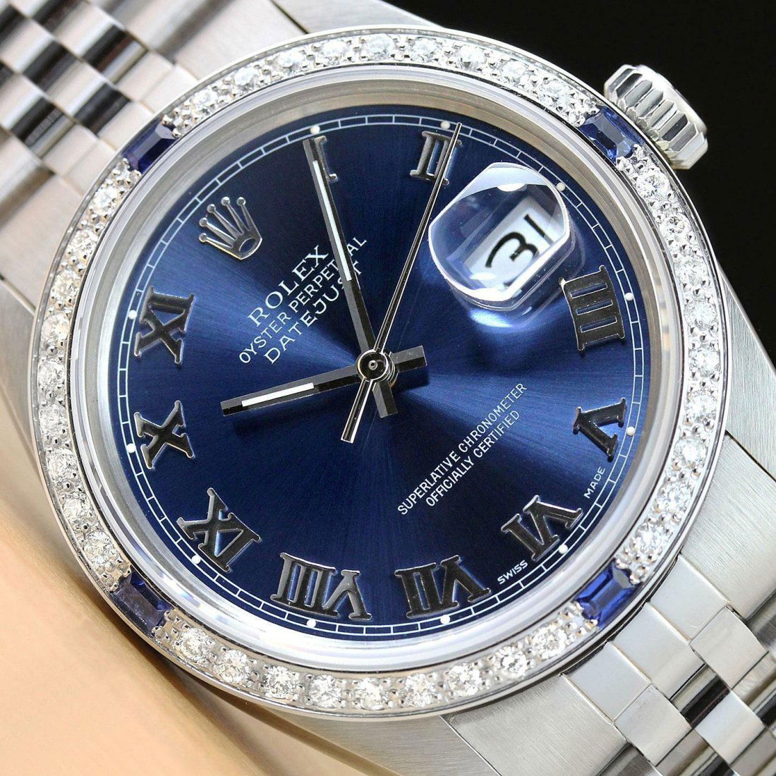 MENS ROLEX DATEJUST ROMAN 18K WHITE GOLD SAPPHIRE DIAMOND & STEEL WATCH (1 of 2)