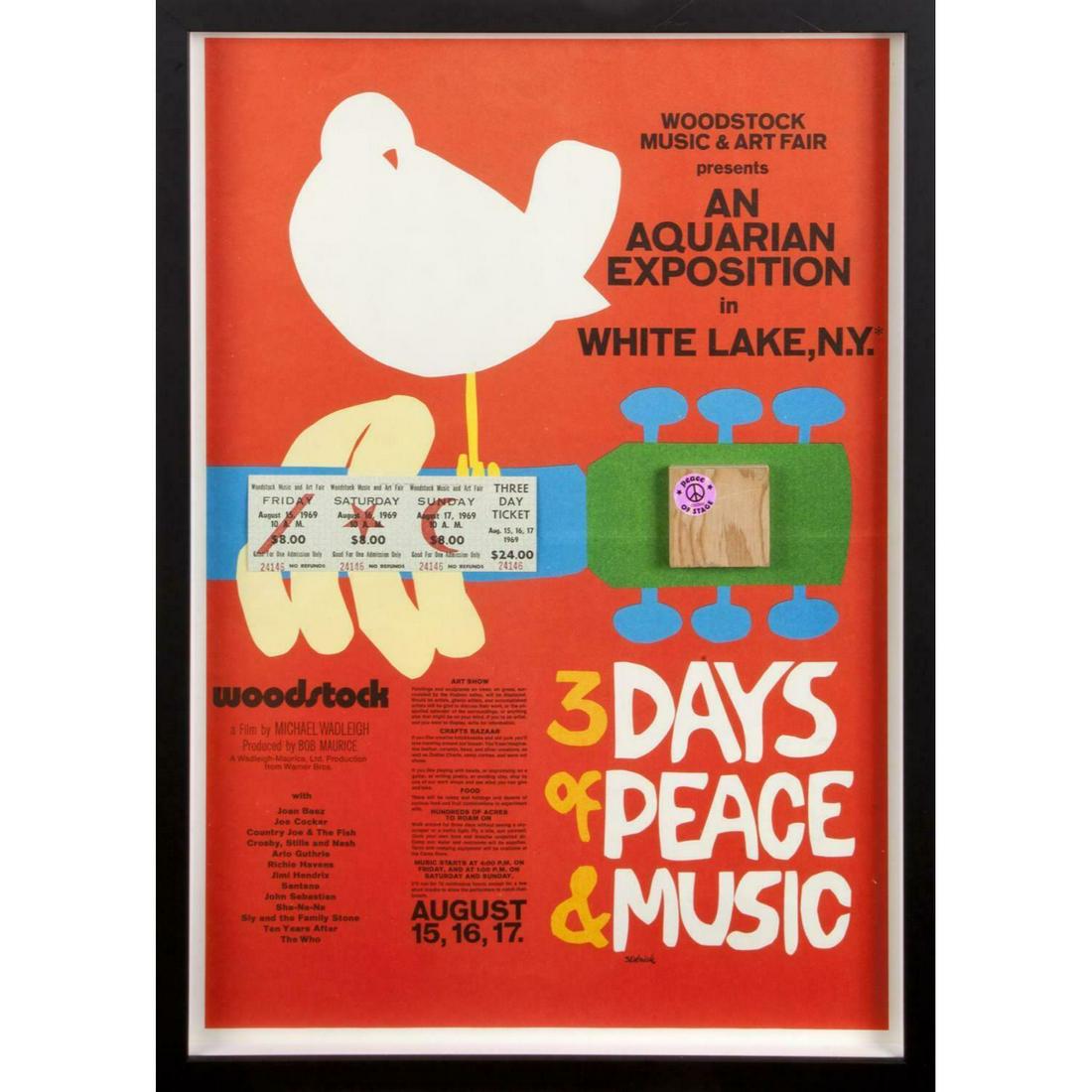 WOODSTOCK POSTER FRAMED ORIGINAL TICKETS & WOOD STAGE PIECE MUSIC CONCERT (1 of 1)