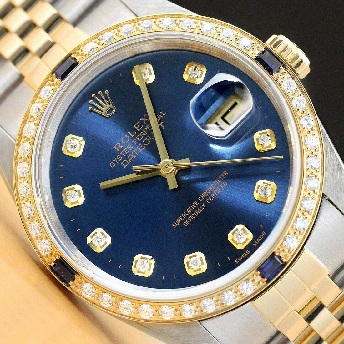 Mens Two Tone 18k Yellow Gold Rolex Datejust With A Blue Diamond DIal & Sapphire Diamond Bezel (1 of 5)