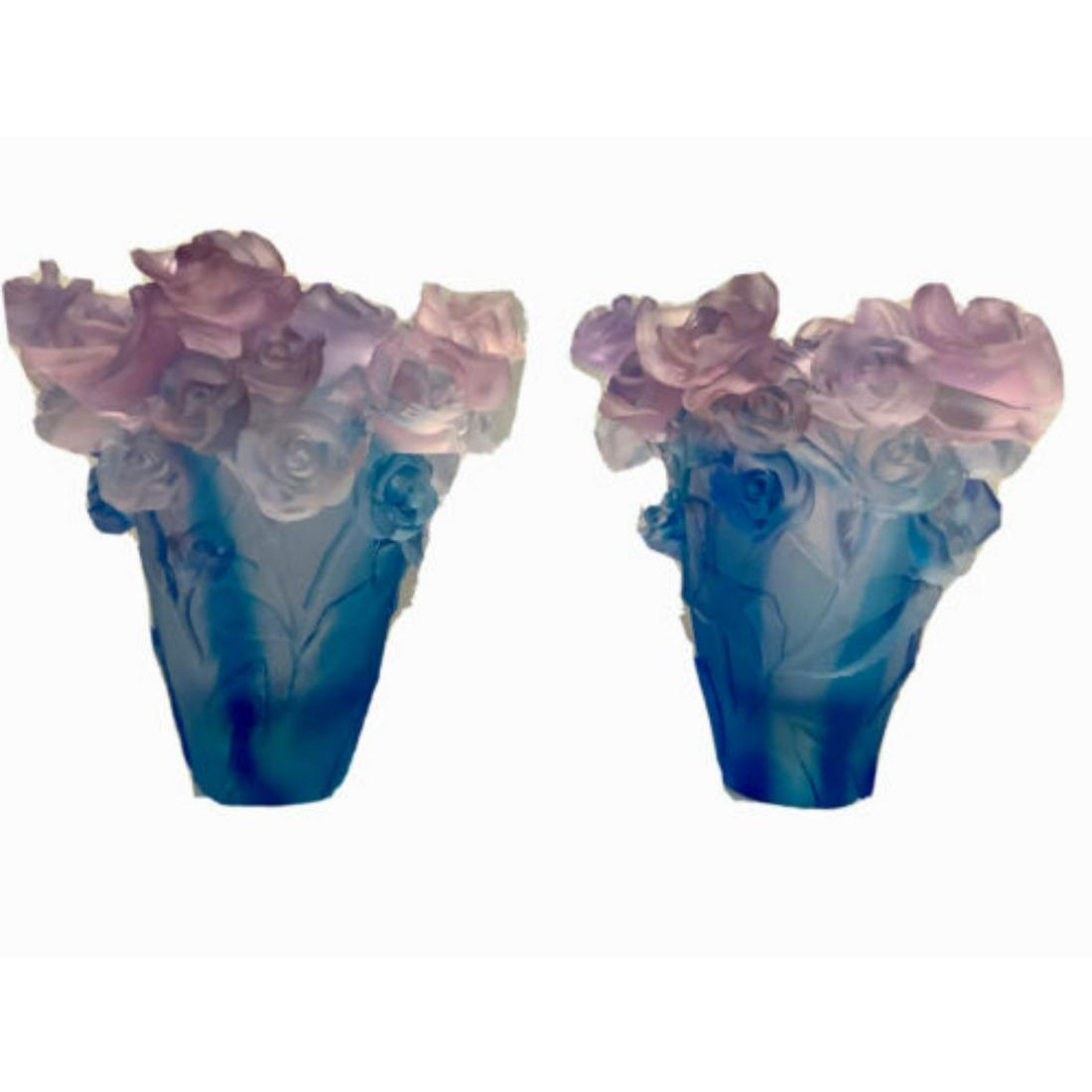 Pair Of 2 Nancy Daum Style Rose Vase H7â€ Blue Pink OMBER Glass Art Pate De Verre (1 of 3)