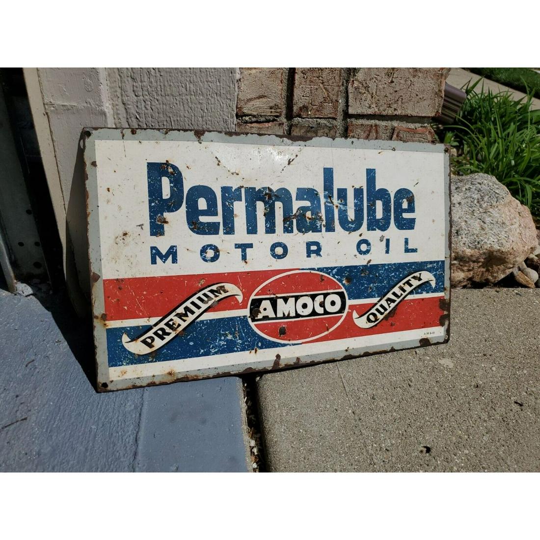 c.1949 Original Vintage Permalube Motor Oil Sign Metal Amoco Premium Gas Station (1 of 1)