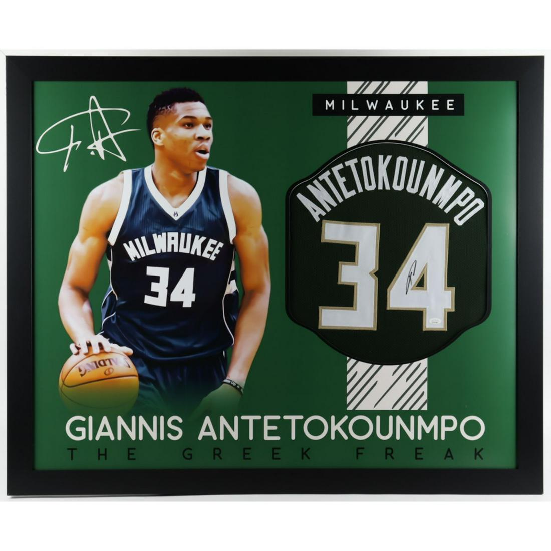Giannis Antetokounmpo Signed 35x43 Custom Framed Jersey Display (JSA Hologram) (1 of 1)