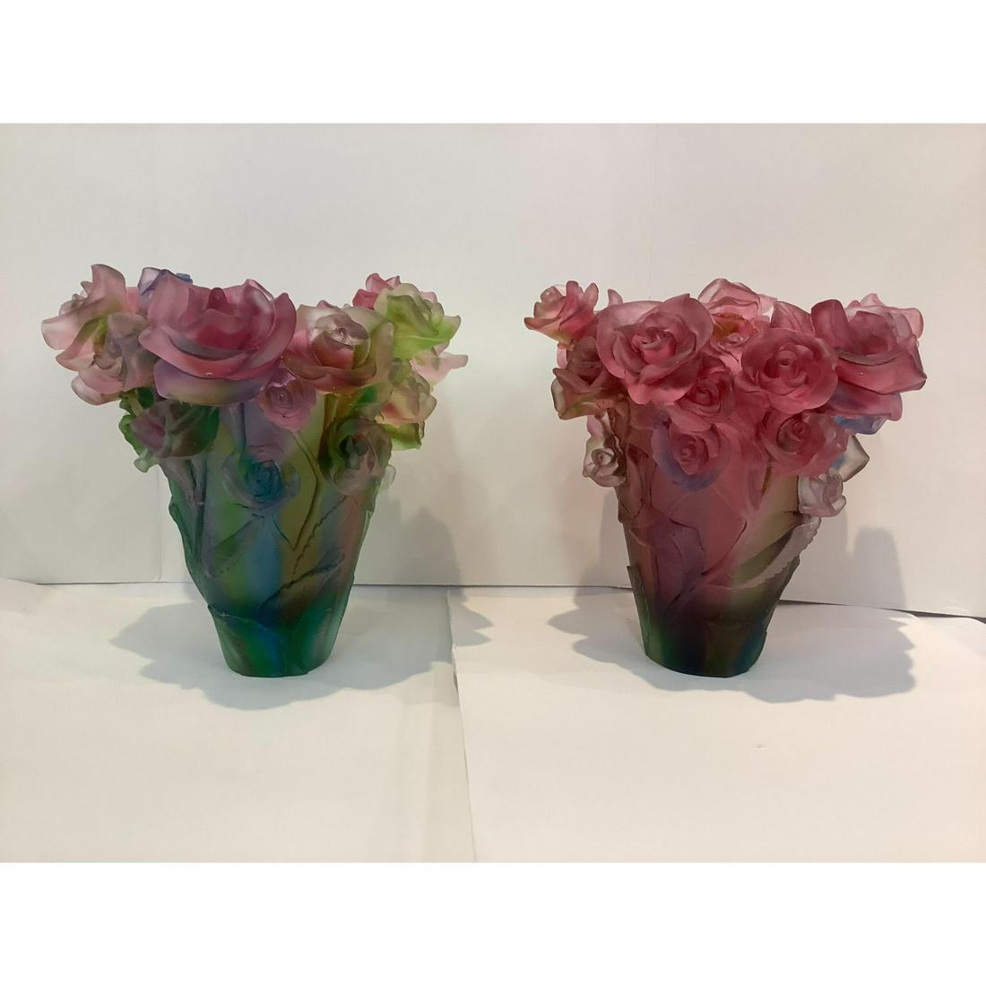 Pair Of 2 Nancy Daum Rose Vase H7” Pate De Verre Maker Unknown 6.5lb (1 of 2)
