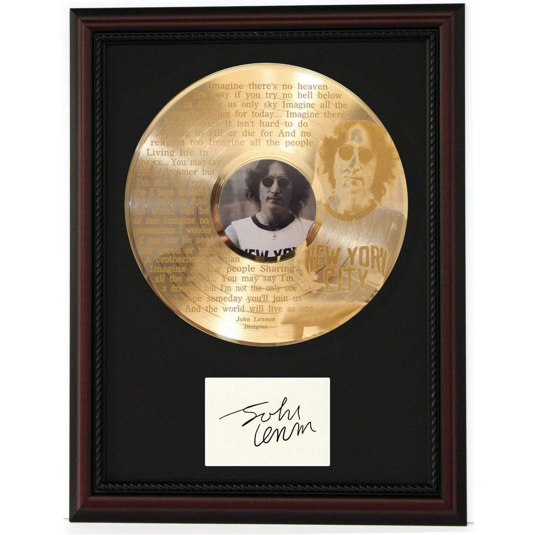 John Lennon Imagine Cherry Wood Gold LP Record Framed Etched Reproduction Signature Display C3: John Lennon Imagine Cherry Wood Gold LP Record Framed Etched Reproduction Signature Display C3