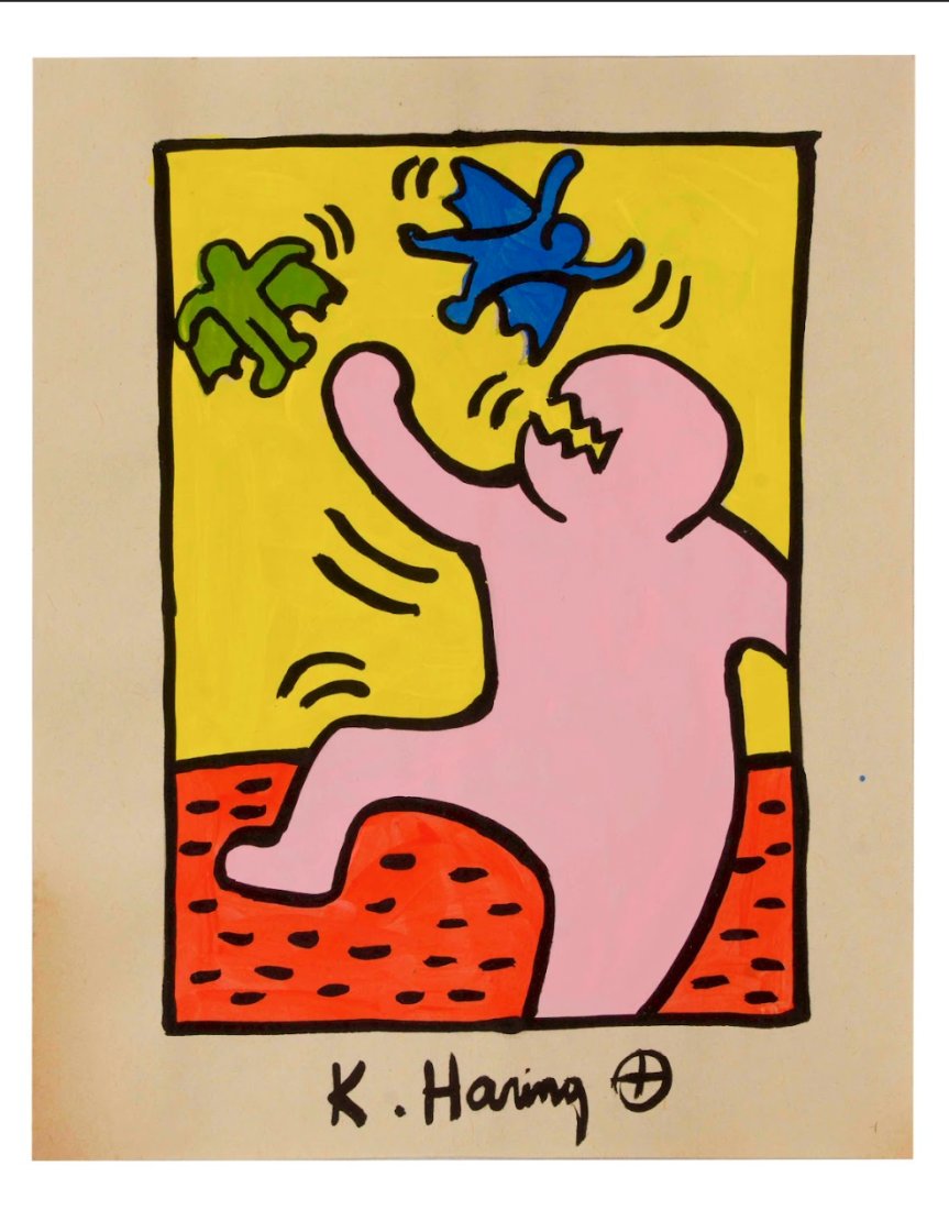 RARE Keith Haring Authentic Drawing on Vintage Paper SIGNED and Stamped by Haring Estate: RARE Keith Haring Authentic Drawing on Vintage Paper SIGNED and Stamped by Haring Estate