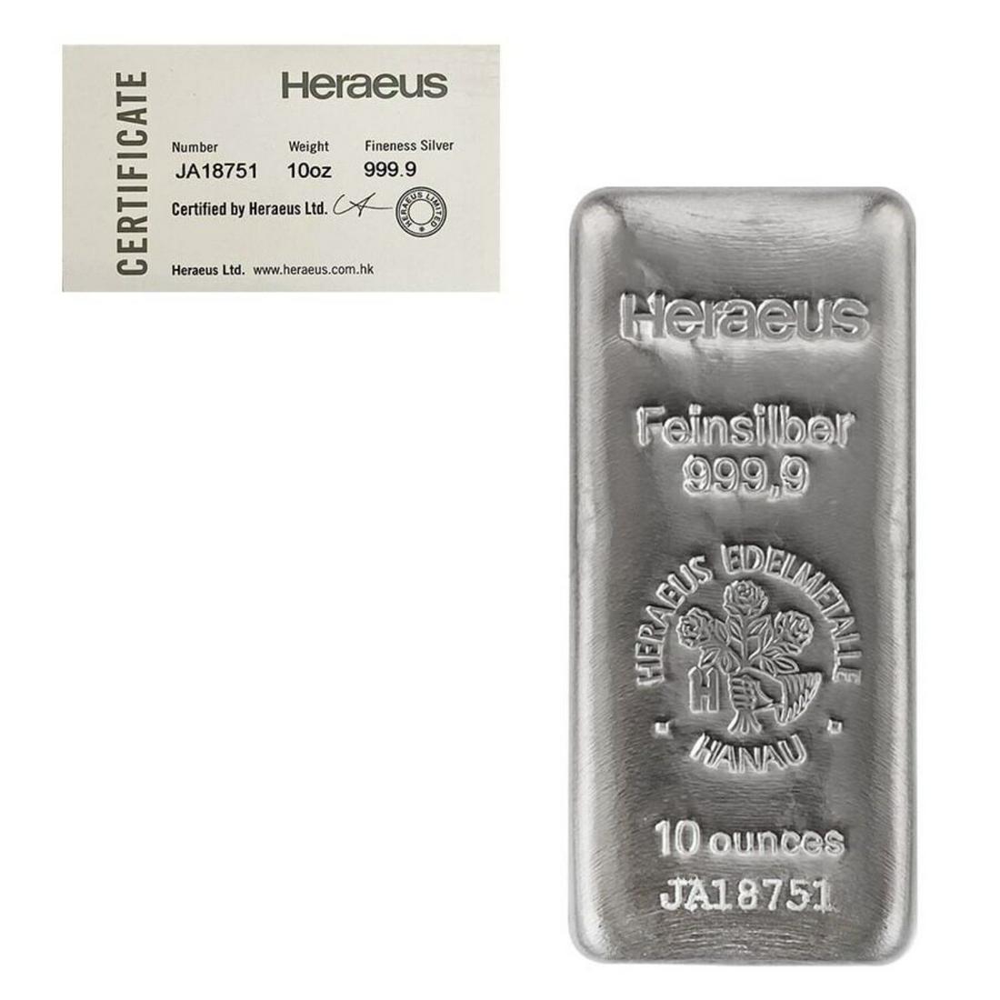 10 oz Heraeus Silver Bar .9999 Fine (w/COA) (1 of 2)