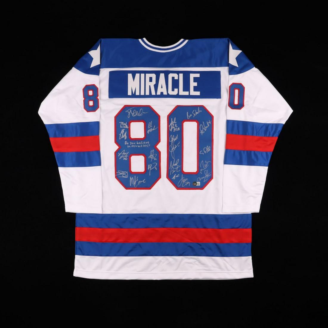 1980 Team USA Hockey "Miracle on Ice" Jersey Signed by (19) with Mike Eruzione, Jim Craig, Ken: Custom on-ice style jersey. Everything sewn on, size XL. Hand-signed and inscribed by (19) with Steve Janaszak, Bill Baker, Dave Christian, Ken Morrow, Jack O'Callahan, Mike Ramsey, Neal Broten, Steve