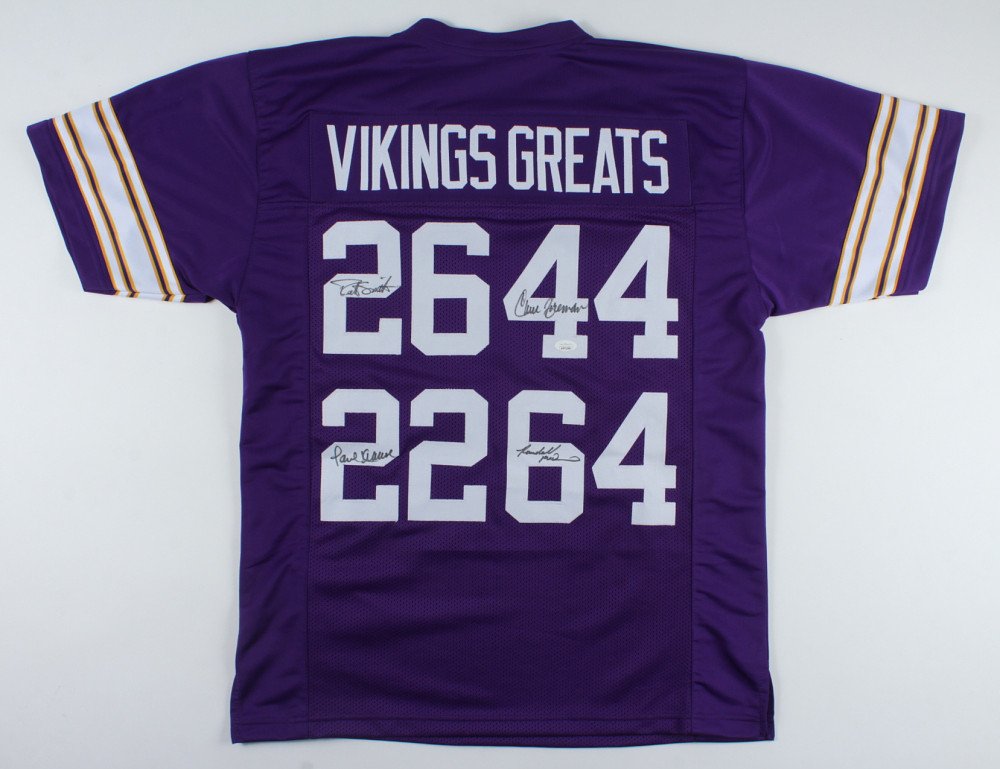 Vikings Greats Jersey Signed by (4) with Robert Smith, Chuck Foreman, Paul Krause & Randall McDaniel: Vikings Greats Jersey Signed by (4) with Robert Smith, Chuck Foreman, Paul Krause & Randall McDaniel (JSA COA)