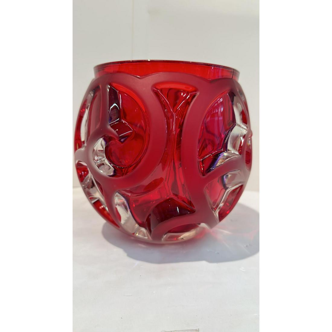Red Amazing Lalique Tourbillons Style Heavy Art Glass Vase H8â€ W6â€: Red Amazing Lalique Tourbillons Style Heavy Art Glass Vase H8” W6”