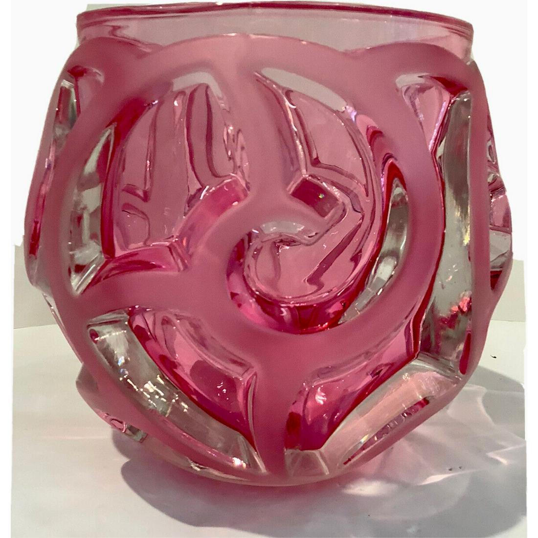 Pink Amazing Lalique Tourbillons Style Heavy Art Glass Vase H8â€ W6â€: Pink Amazing Lalique Tourbillons Style Heavy Art Glass Vase H8” W6”