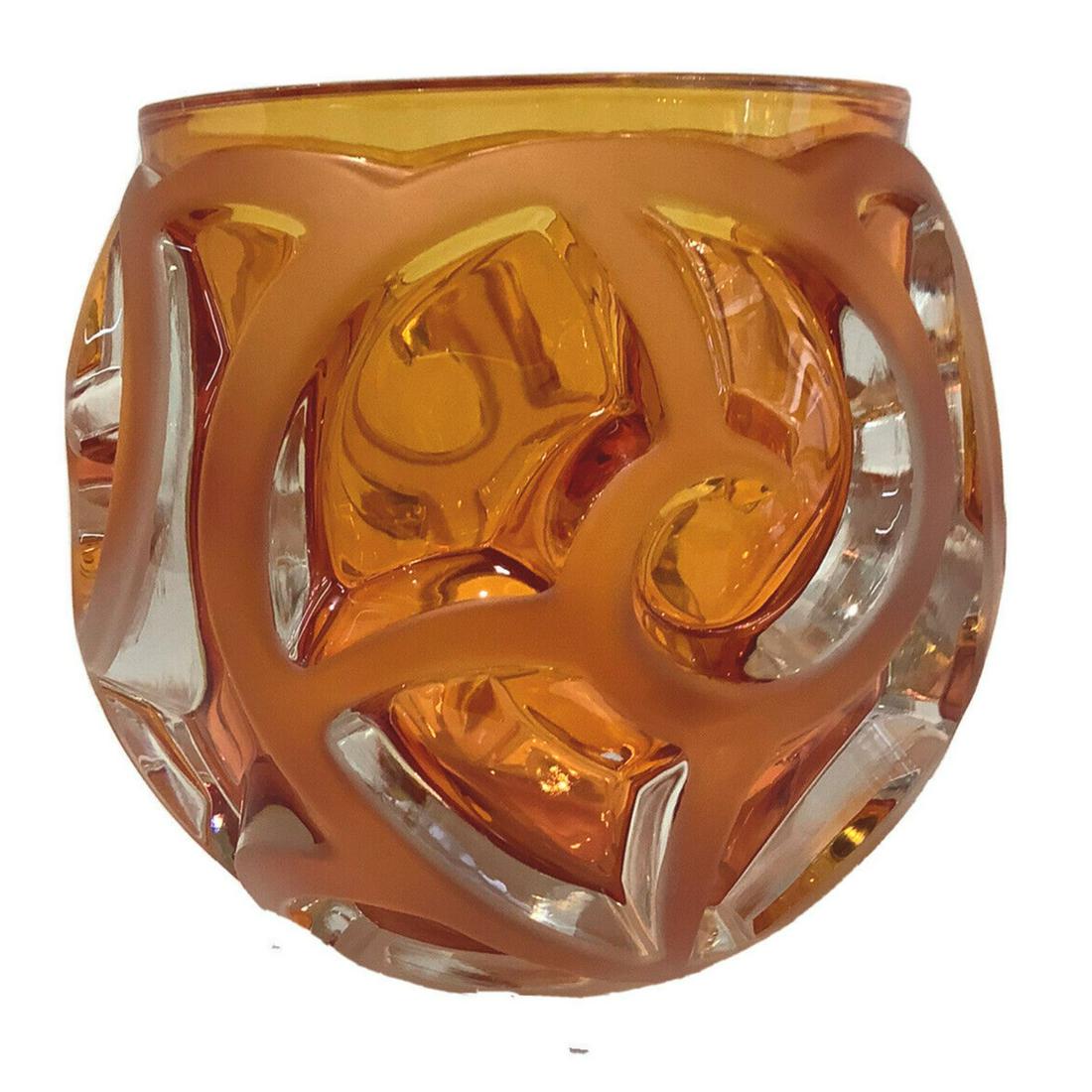Lalique Style Tourbillons 8 1/8" Amber Crystal Vase Heavy Art Glass (1 of 2)