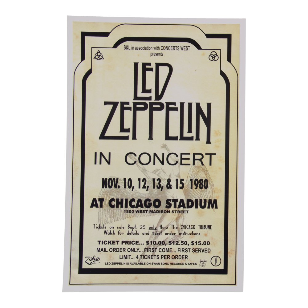 Led Zeppelin 1980 Chicago Stadium Concert Ticket with Color Poster (1 of 1)