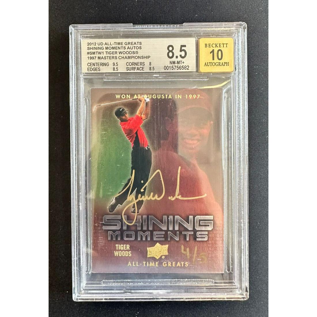 Tiger Woods 2012 Upper Deck All-Time Greats Shining Moments Auto /5 #SMTW1~ On Card Auto (BGS 8.5, (1 of 2)