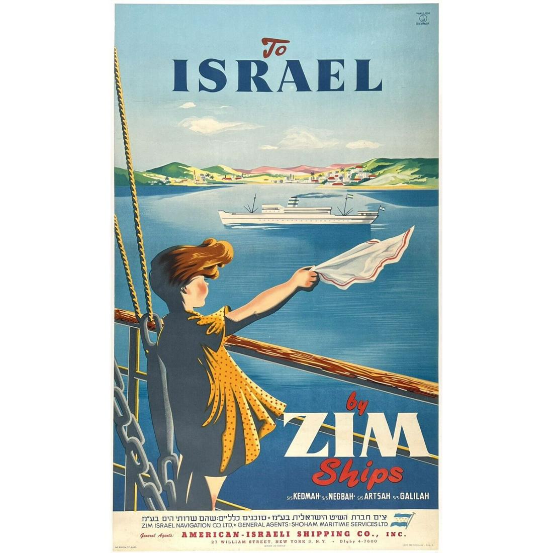 Original Vintage Poster TO ISRAEL BY ZIM SHIPS Travel Tourism Cruise LINEN (1 of 1)