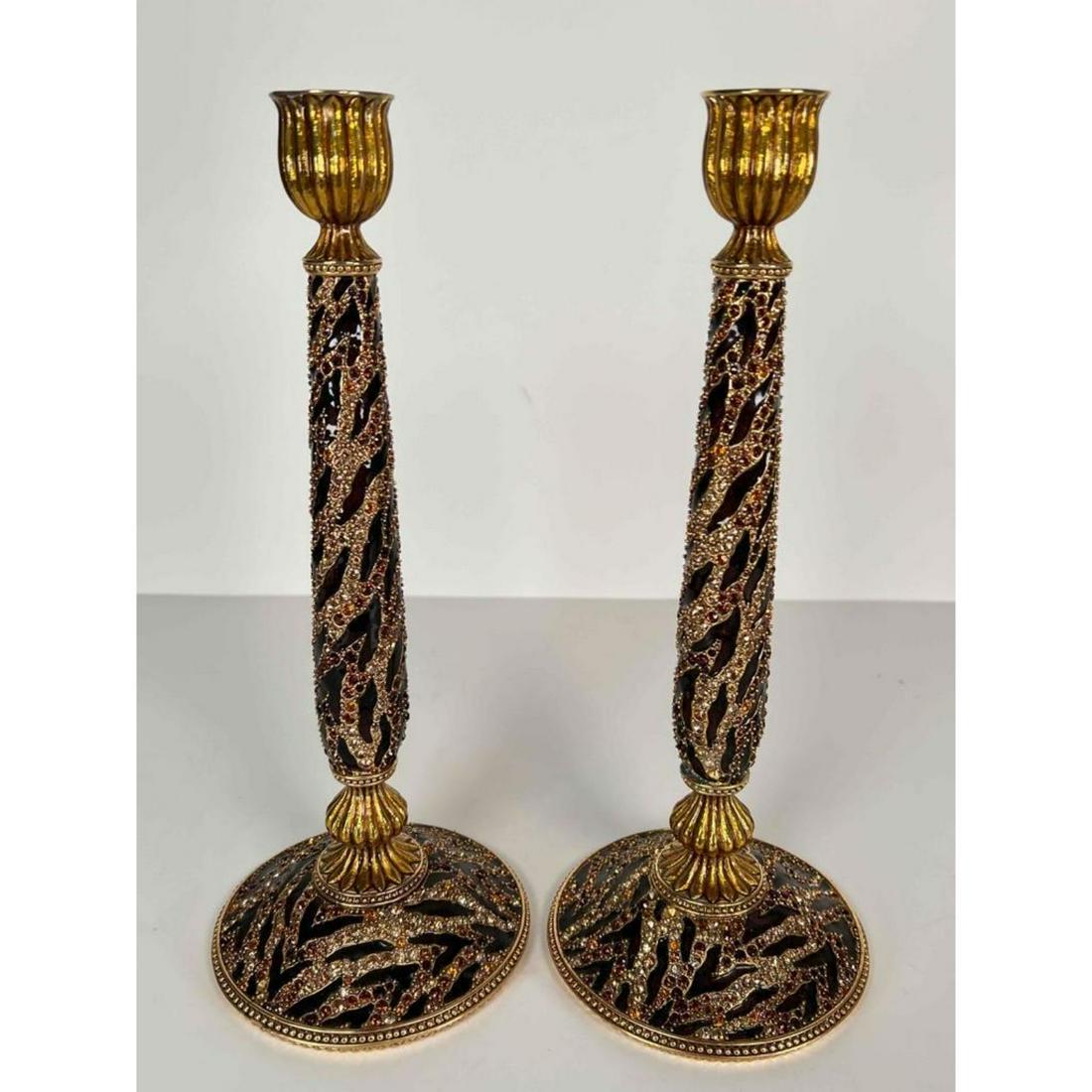 Pair Of Jay Strongwater 11" Swarovski Crystal Bejeweled Topaz Gold Plated Candlesticks (1 of 6)
