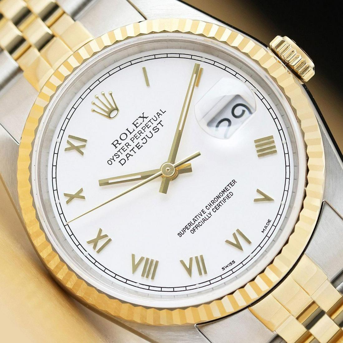 ROLEX MENS DATEJUST 16233 WHITE ROMAN DIAL 18K YELLOW GOLD STAINLESS STEEL WATCH (1 of 2)
