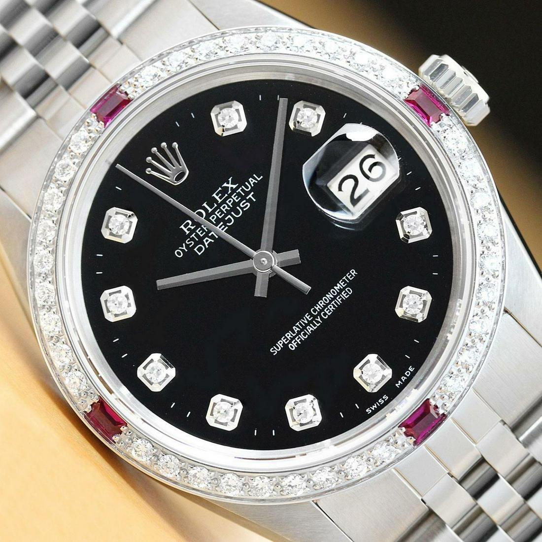 Mens 18k White Gold & Stainless Steel Rolex Datejust With A Black Diamond Dial & Ruby DIamond Bezel (1 of 5)
