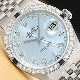 Mens 18k White Gold & Stainless Steel Rolex Datejust WIth A Ice Blue DIamond DIal & Sapphire Diamond (1 of 4)