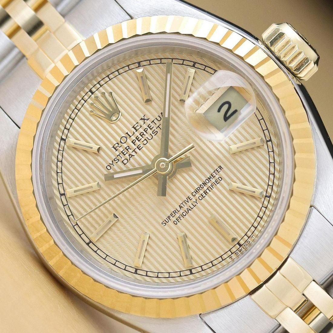 ROLEX LADIES DATEJUST 69173 18K GOLD STEEL 2-TONE CHAMPAGNE TAPESTRY DIAL WATCH (1 of 5)