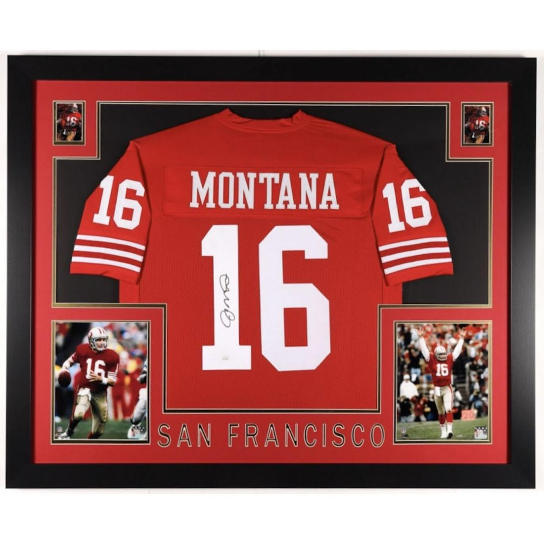 Joe Montana Signed 35x43 Custom Framed Jersey Display (JSA COA) (1 of 1)