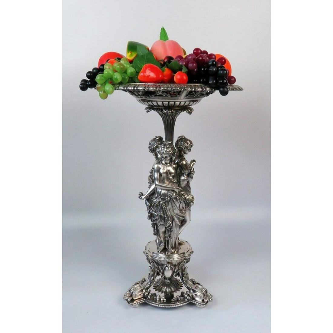 Huge Antique French Silverplate Figural 3 Classical Demi Nude Nymphs: This piece stands about 21 1/2 inches tall at the tallest point. The top portion has a diameter of about 13 1/2 inches, while the base measures about 8 ½ inches in diameter. This piece weighs 2