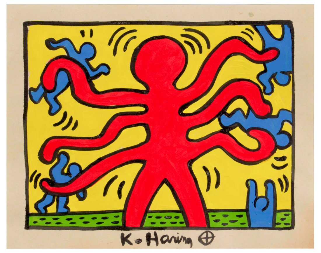 RARE Keith Haring Authentic Drawing on Vintage Paper SIGNED and Stamped by Haring Estate: RARE Keith Haring Authentic Drawing on Vintage Paper SIGNED and Stamped by Haring Estate