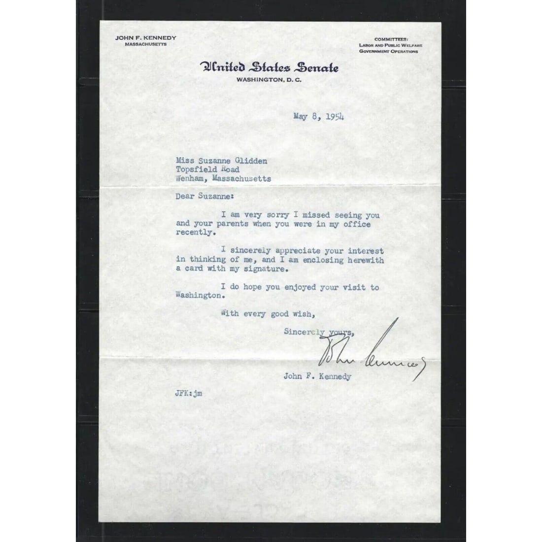 John F Kennedy Signed Type Letter Dated 5/8/1954 (JSA LOA) (1 of 2)