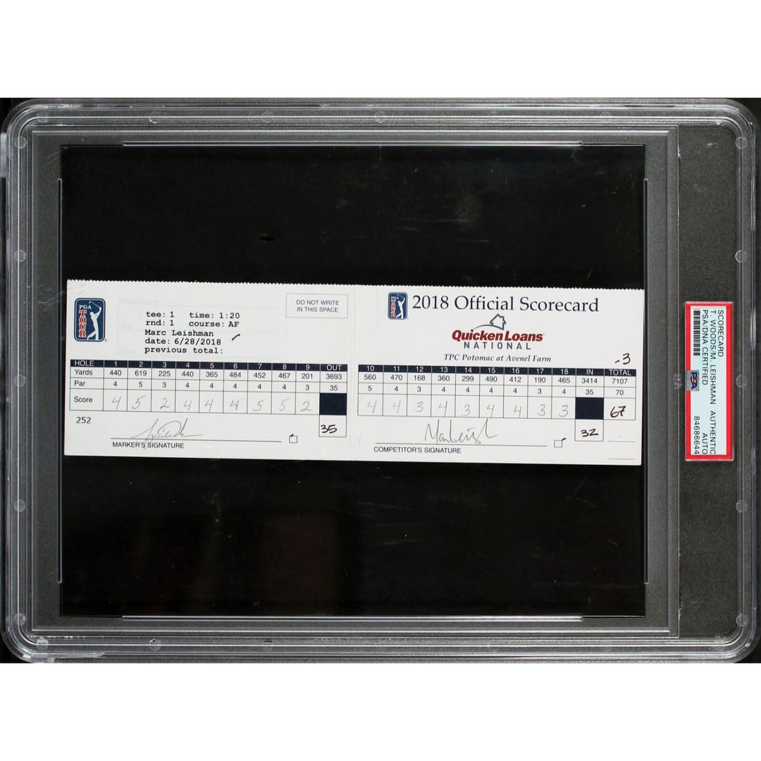 Tiger Woods & Mark Leishman Dual Signed '18 Quicken Loans Official Scorecard (PSA) (1 of 2)