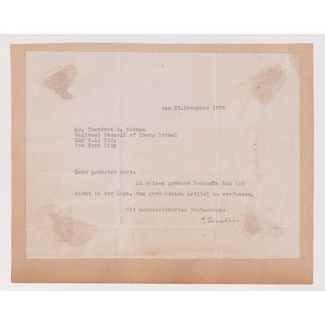 ALBERT EINSTEIN LETTER SIGNED - 1935 "YOUNG ISRAEL' Content BAS LOA (1 of 2)