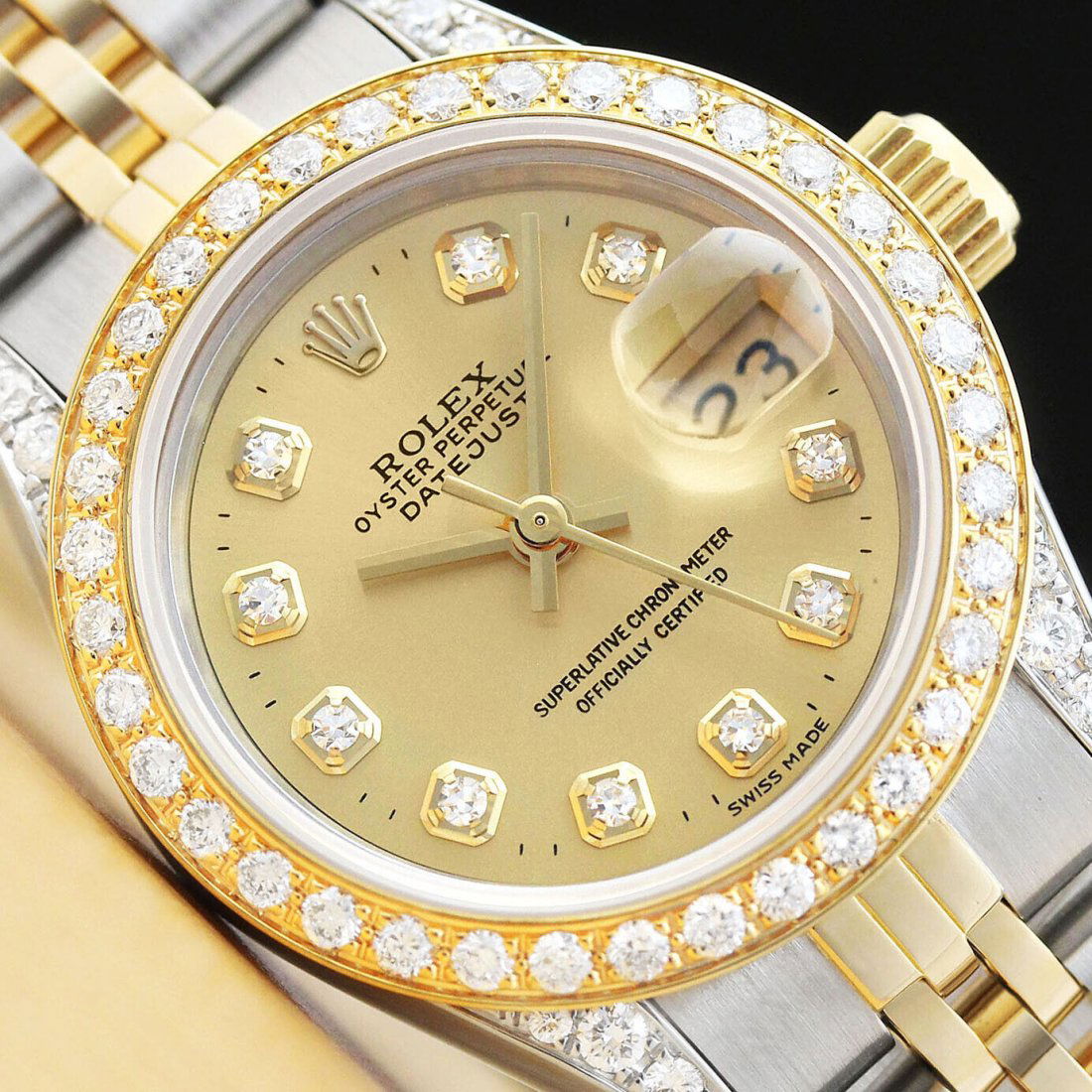LADIES ROLEX CHAMPAGNE DIAMOND DIAL, BEZEL & LUGS DATEJUST 18K GOLD STEEL WATCH (1 of 2)