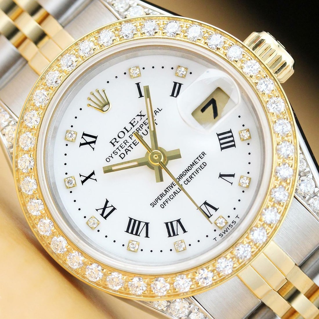 LADIES ROLEX DATEJUST FACTORY ROMAN DIAL DIAMOND BEZEL & LUGS WATCH 69173 (1 of 5)