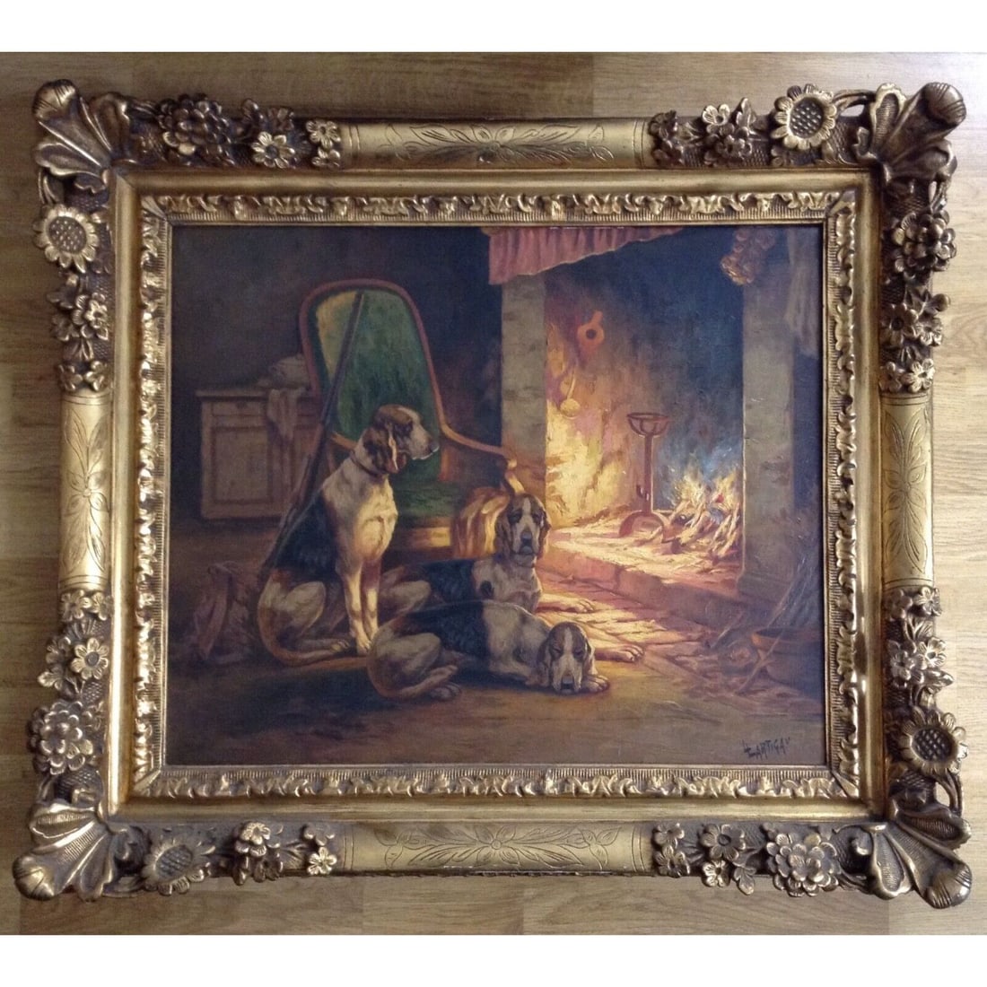 Original Louis Lartigau Signed & Framed Antique Oil Painting: Original Louis Lartigau Signed & Framed Antique Oil Painting . Approximate Measurements: painting 21 1/4 x 25 1/2 in. // 54 x 65 cm. With frame 28 3/4 x 33 1/2 in. // 73 x 85 cm. The old frame is in g